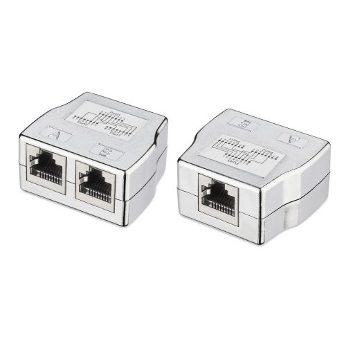 Комплект от 2 женски RJ45 мрежови кабелни разклонители към 2 женски Cat5/Cat6 порта, Kwmobile, Сребрист, Метален, 52349.01.35